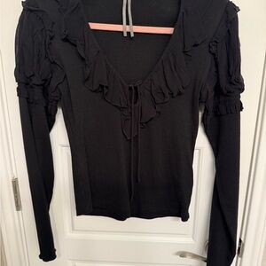 Anthropologie Black Ruffled Long Sleeve Top